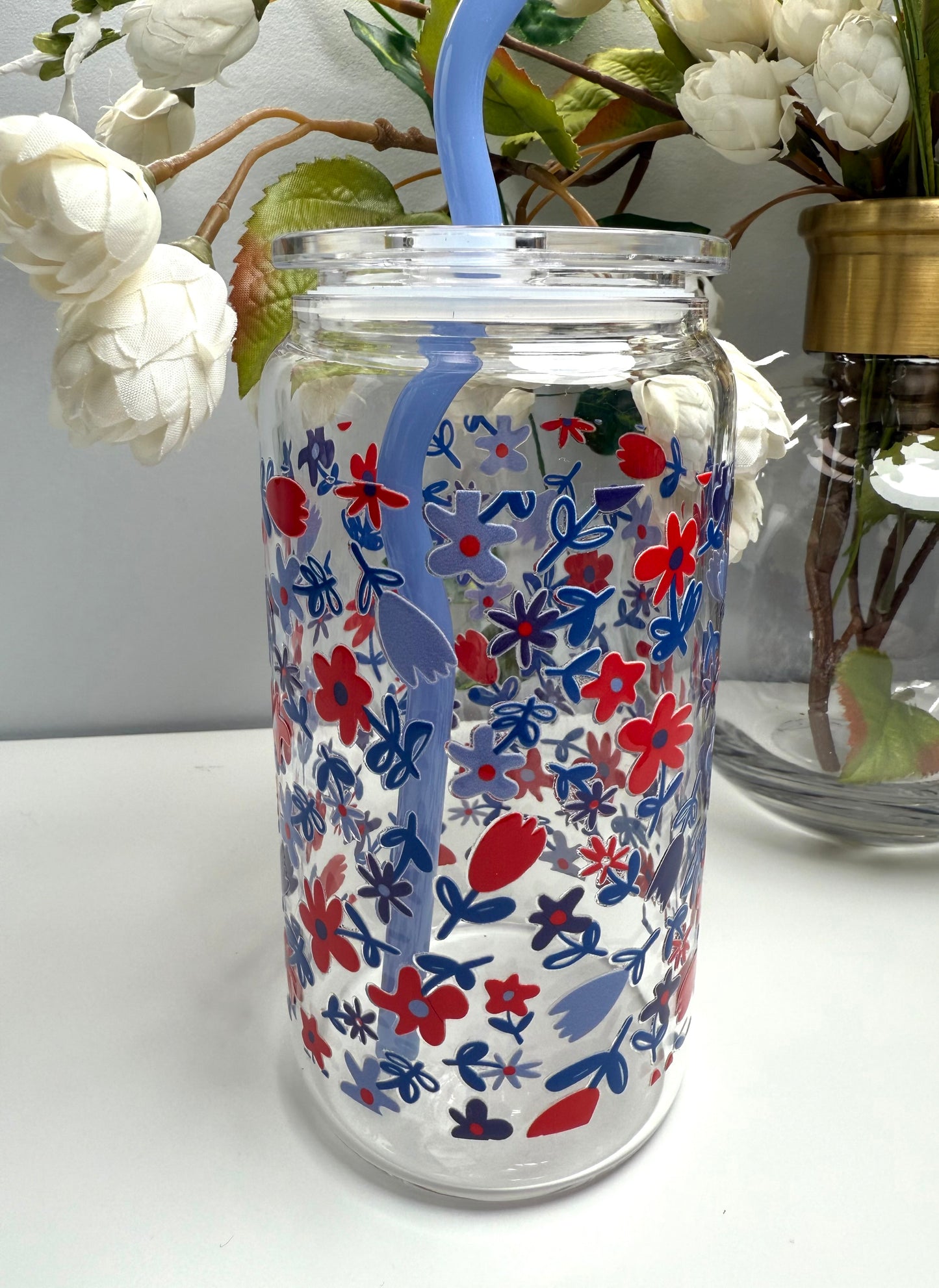 Red, Blue Floral W/Jade Straw