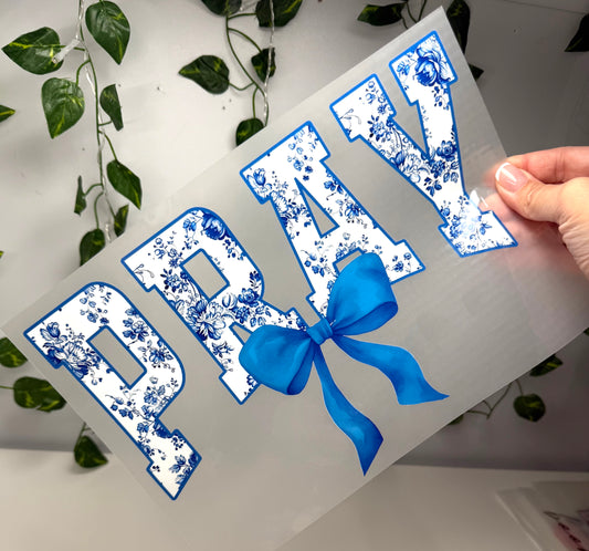 Pray Blue Floral Bow DTF
