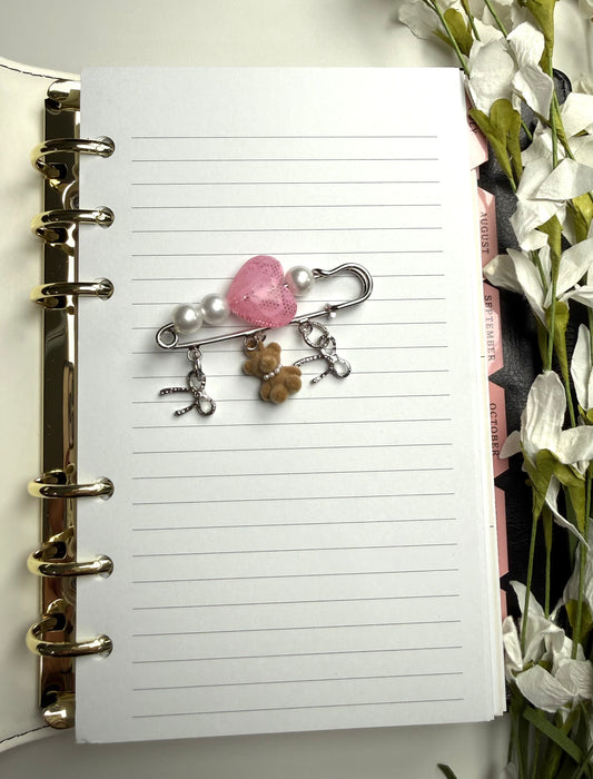AnnaSophia Teddy Bear 🧸 Pink Heart Planner Safety Pin (Handmade)