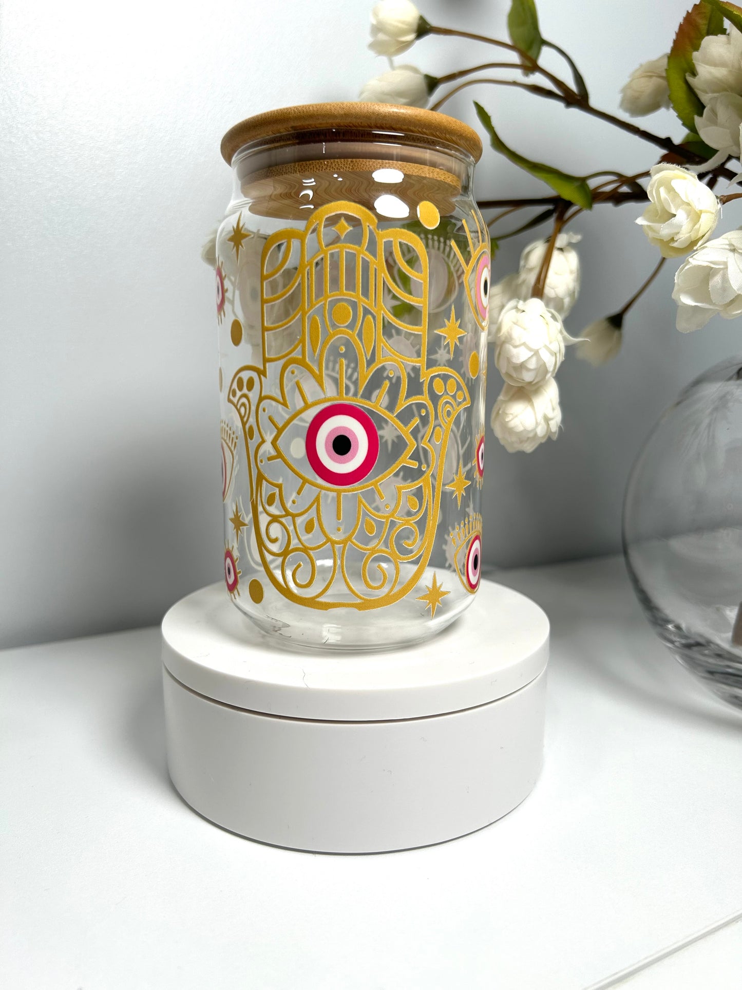 12 oz Evil Eye Hamsa glass can