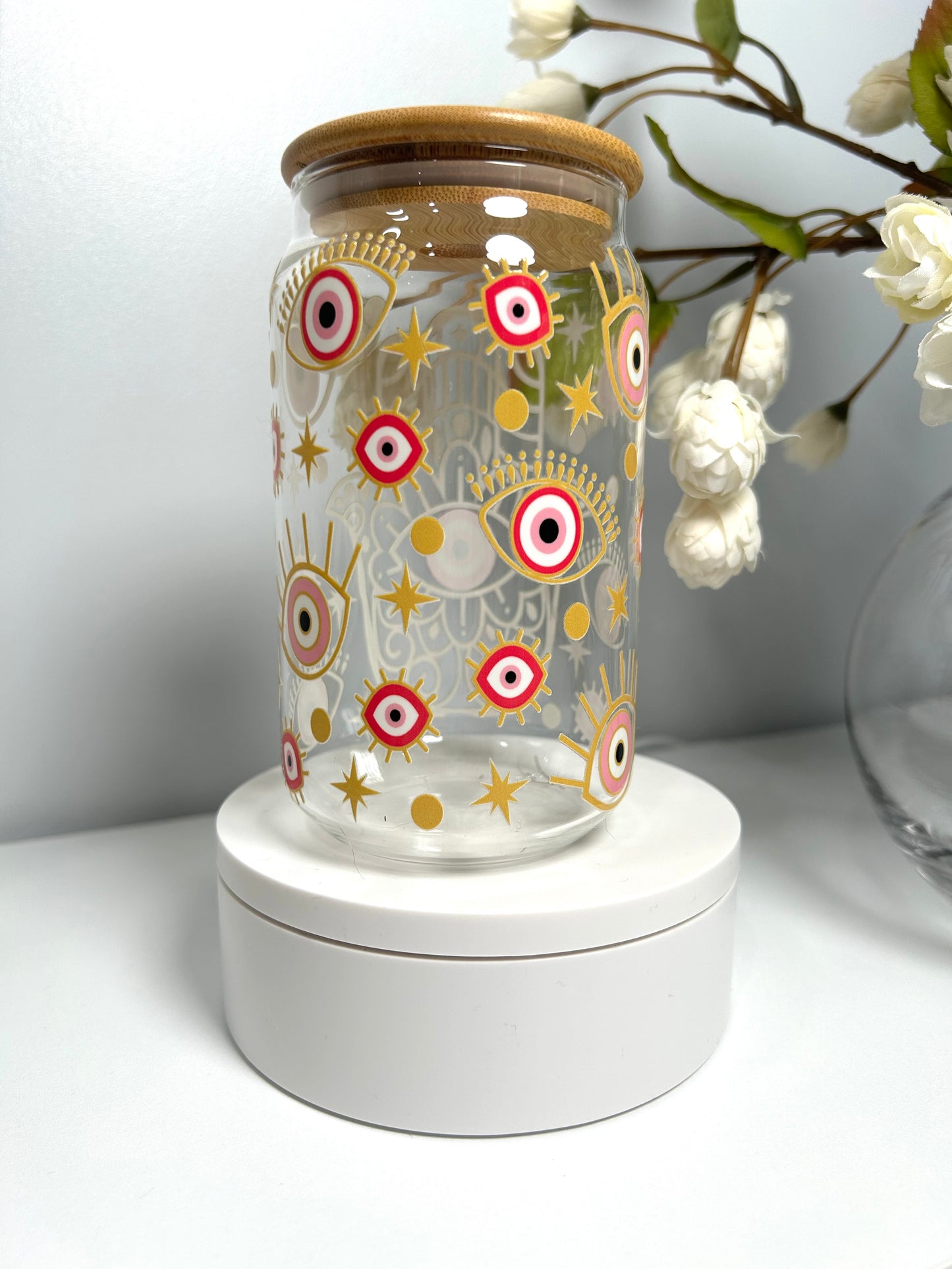 12 oz Evil Eye Hamsa glass can